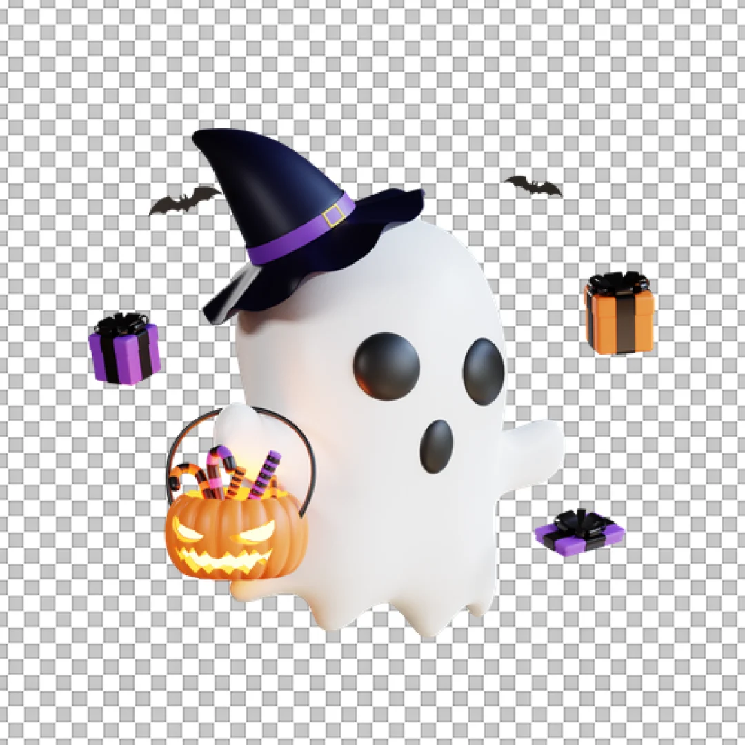 3D Ghost With Witch Hat And Pumpkin PNG
