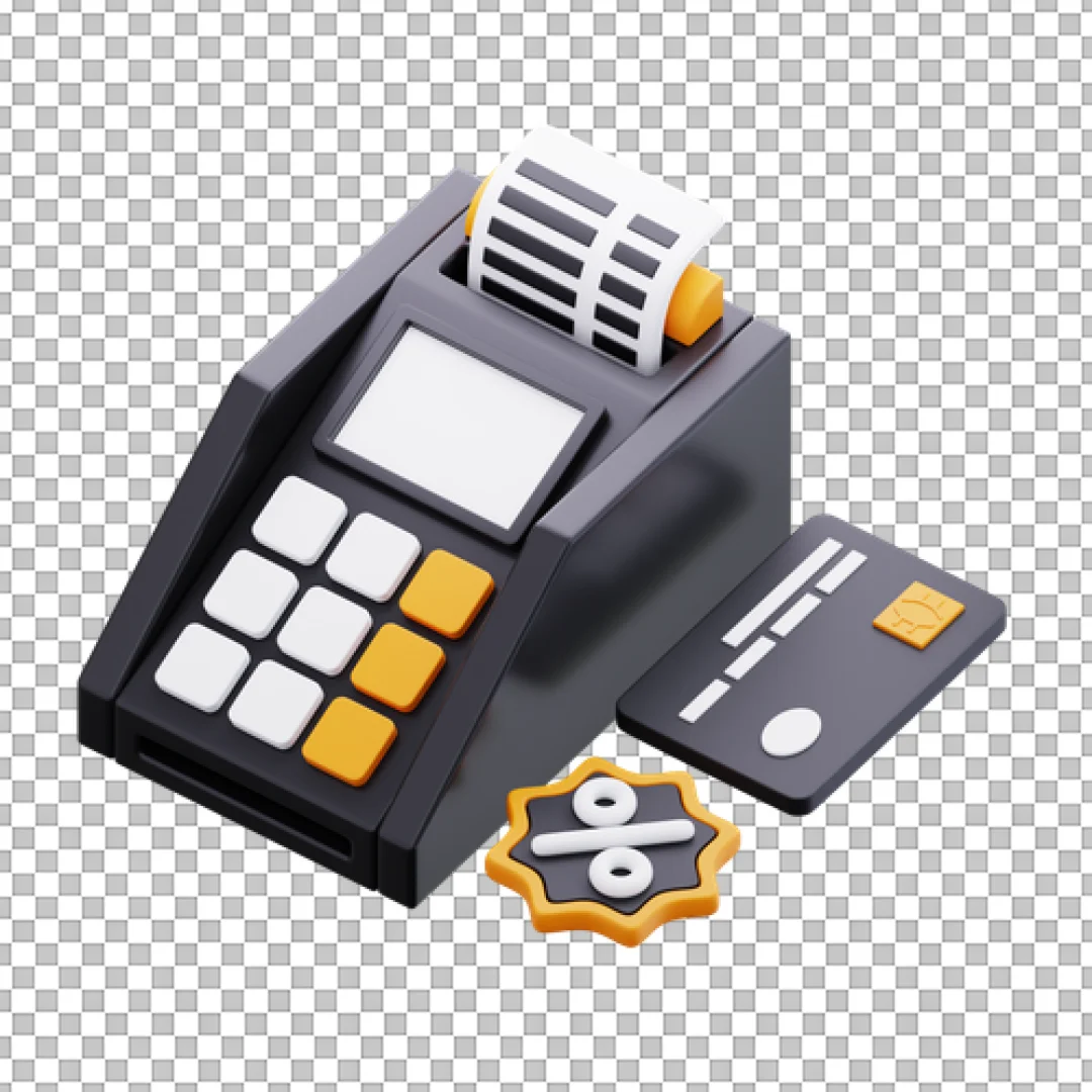Stylized 3D Icon of POS Payment Terminal, Credit Card, and Percentage Discount