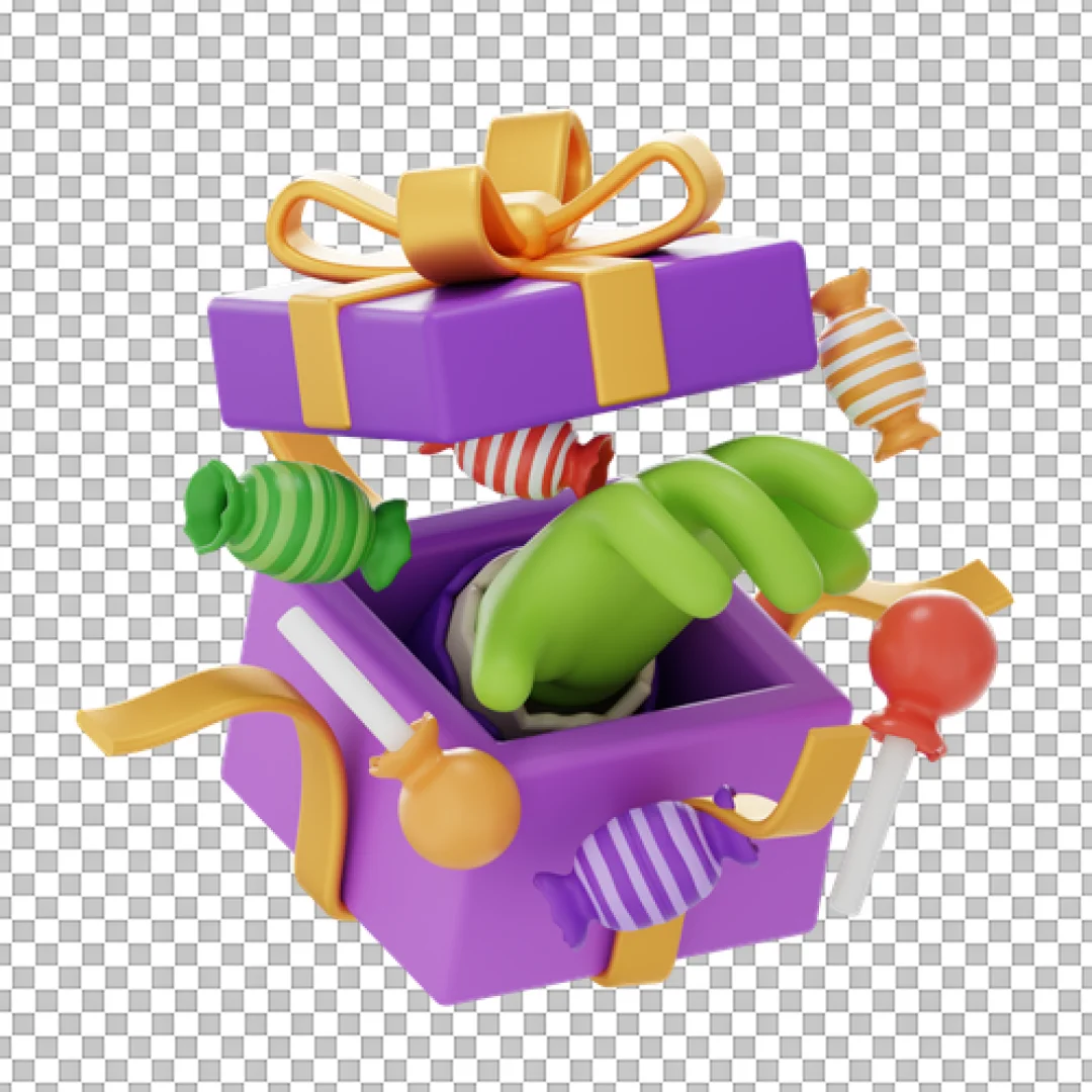 3D Purple Gift Box With Zombie Hand PNG