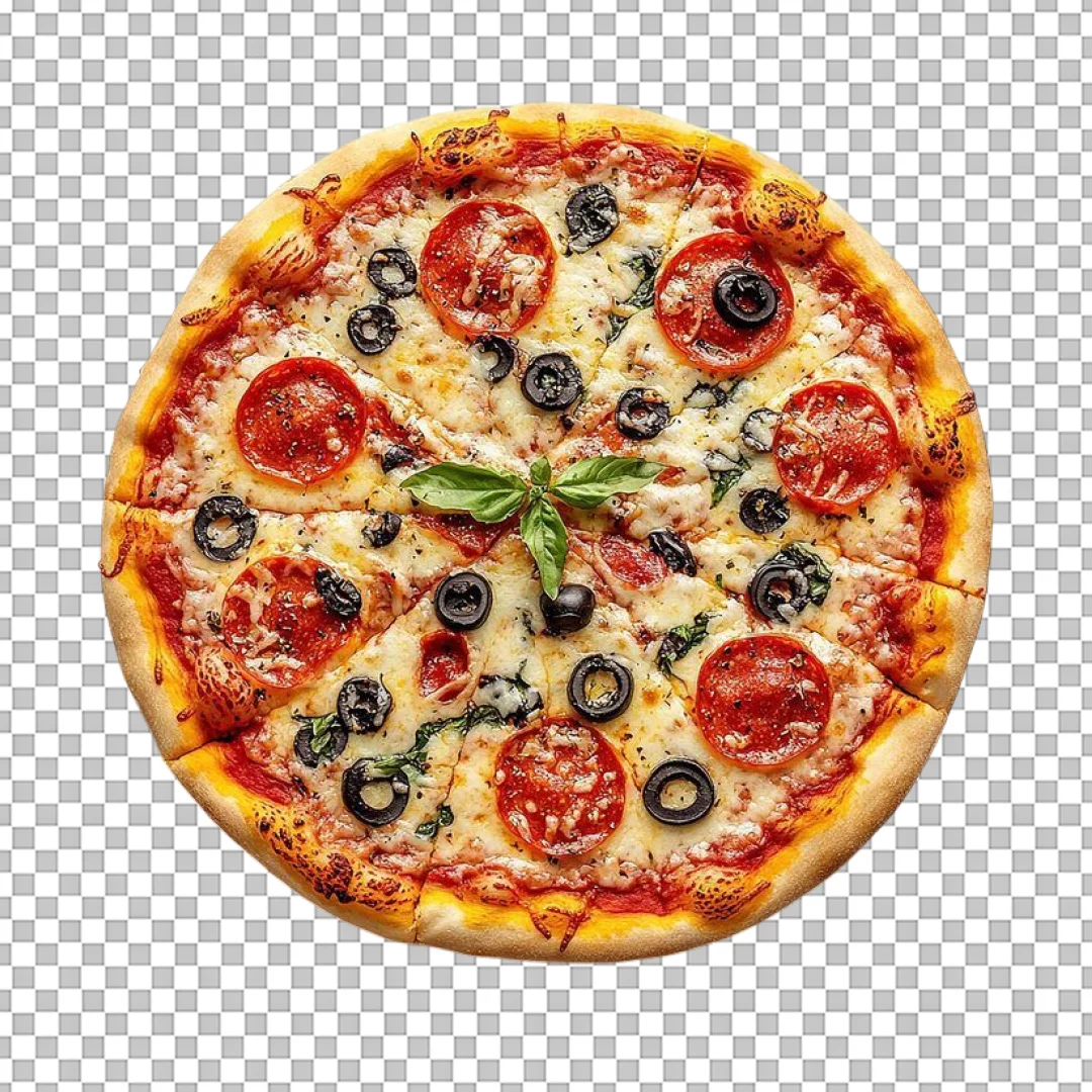 Pepperoni Olive Basil Whole Pizza PNG