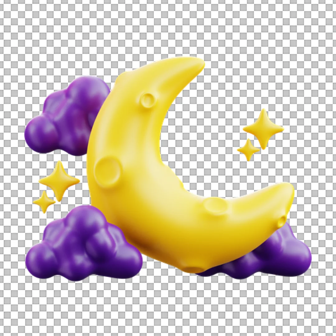 3D Yellow Moon With Purple Clouds PNG