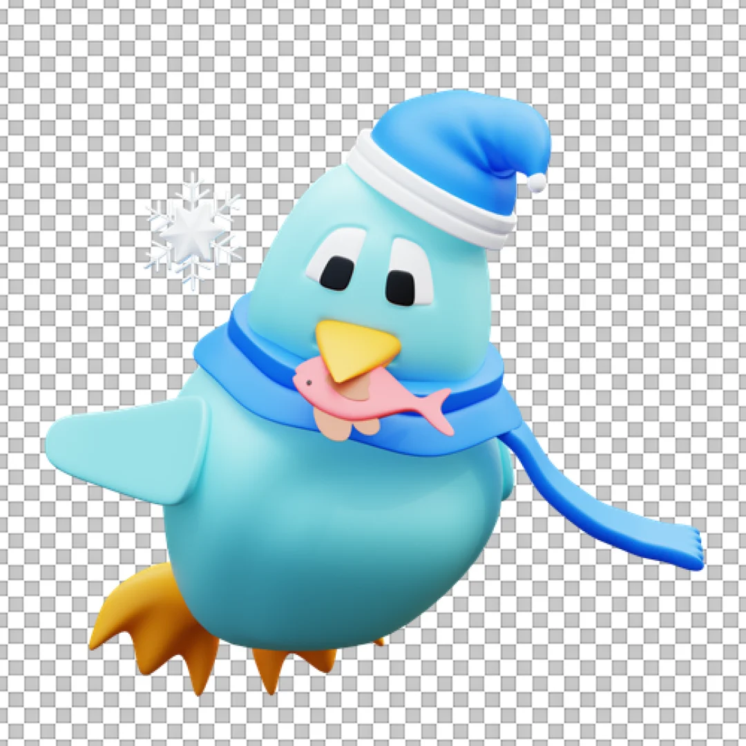 Flying Blue Bird With Fish 3D PNG