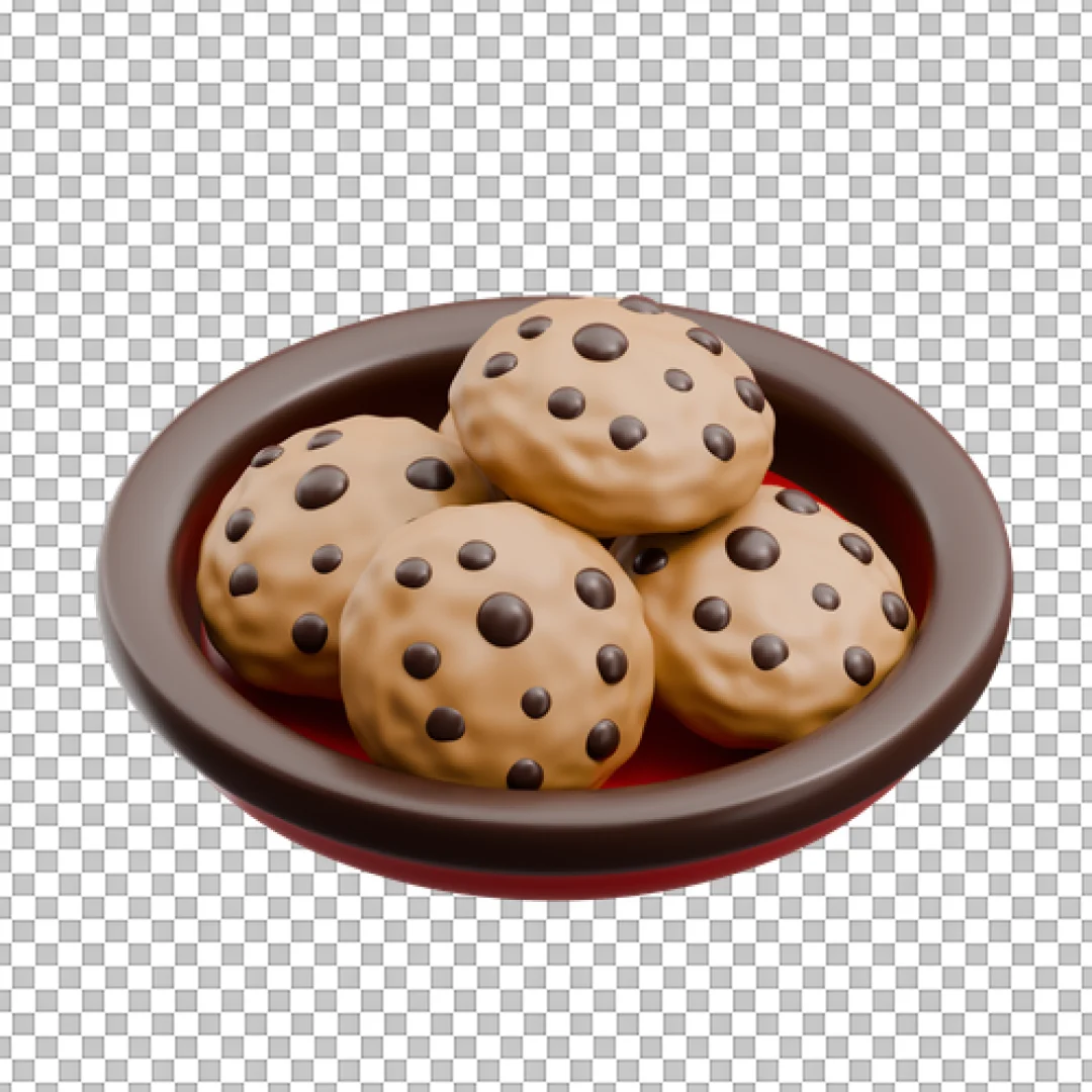 Delicious 3D Chocolate Chip Cookies in a Dish Icon