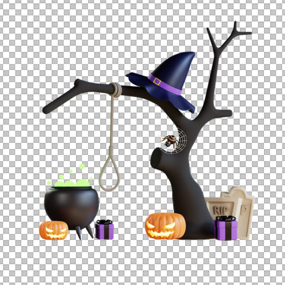 3D Spooky Tree With Cauldron And Gifts PNG