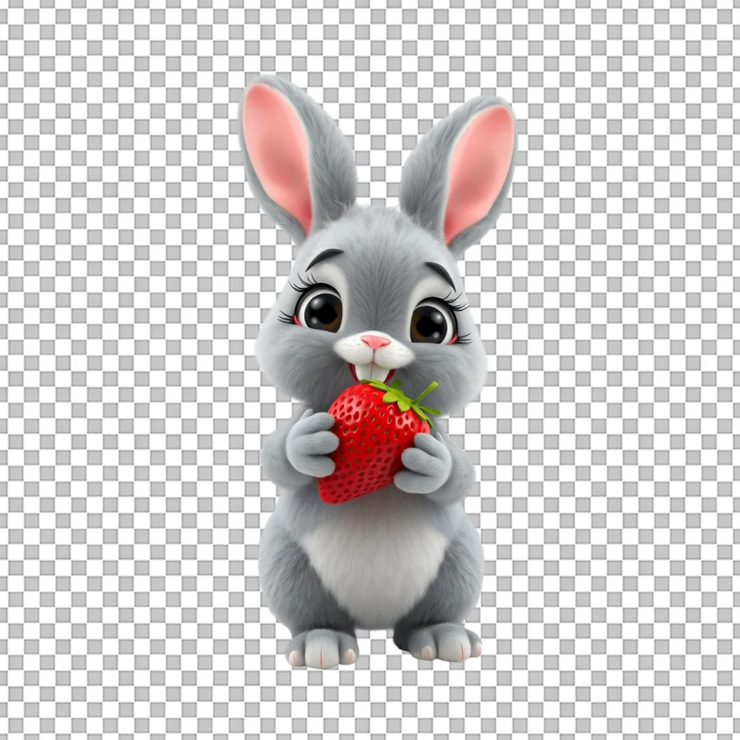 Grey Bunny Holding Giant Strawberry PNG