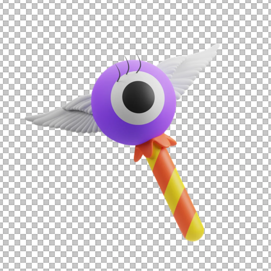Flying Purple Eyeball Character Holding Striped Candy 3D Icon