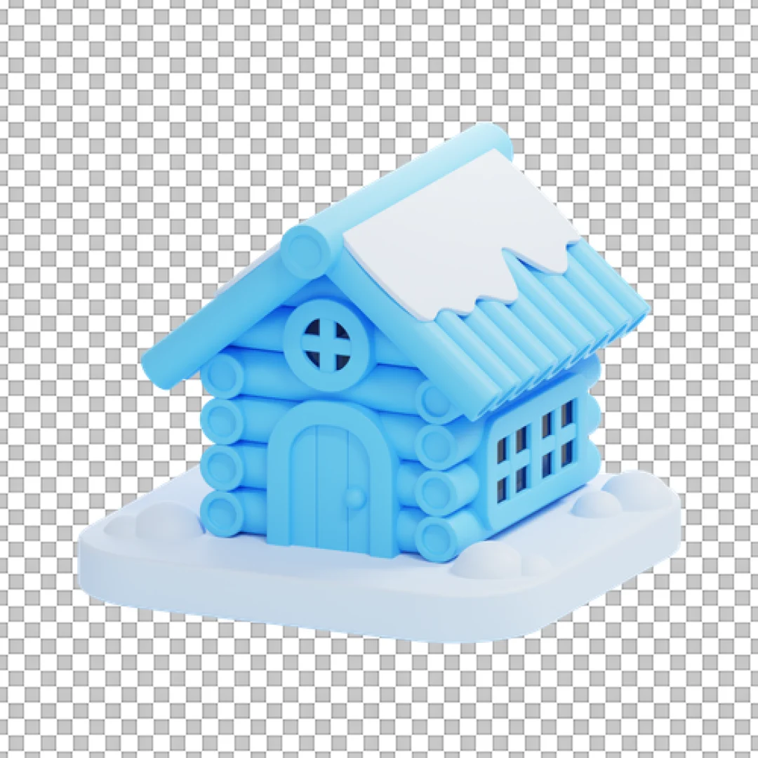 Blue Winter Cabin 3D Illustration PNG