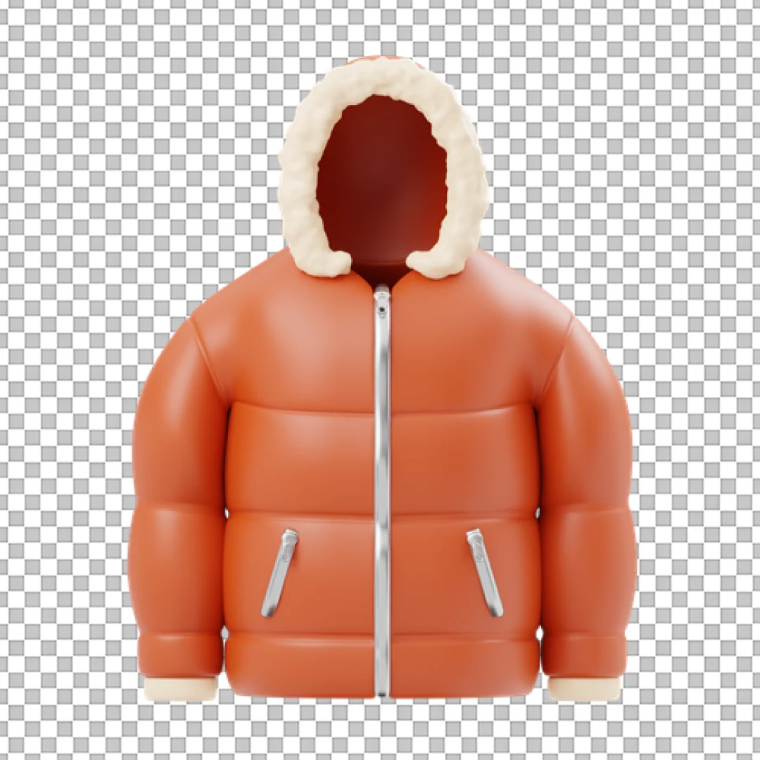 Orange Puffer Jacket with Fur PNG