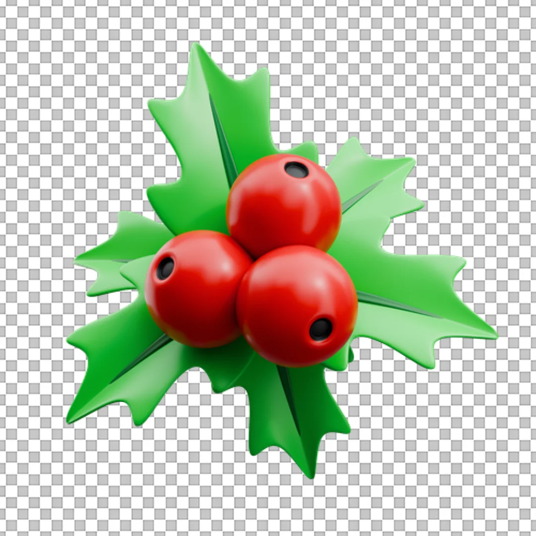 3D Holly Berries and Leaves Icon for Christmas and Holiday Decoration