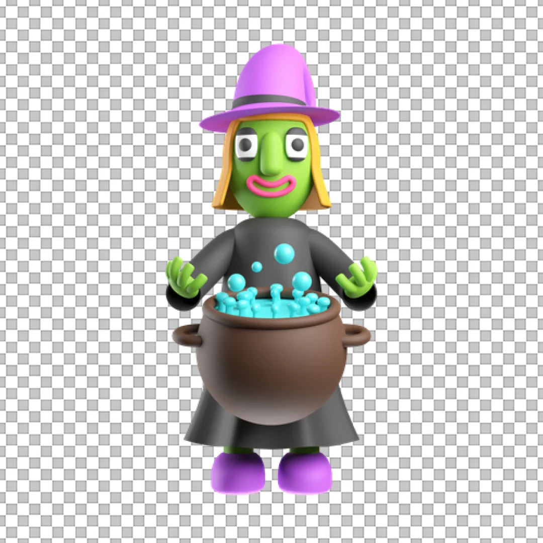 Spooky Cute 3D Witch Character Icon with Cauldron and Bubbling Potion for Halloween
