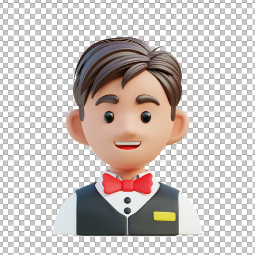 Smiling 3D Waiter Character Icon with Red Bowtie and Vest