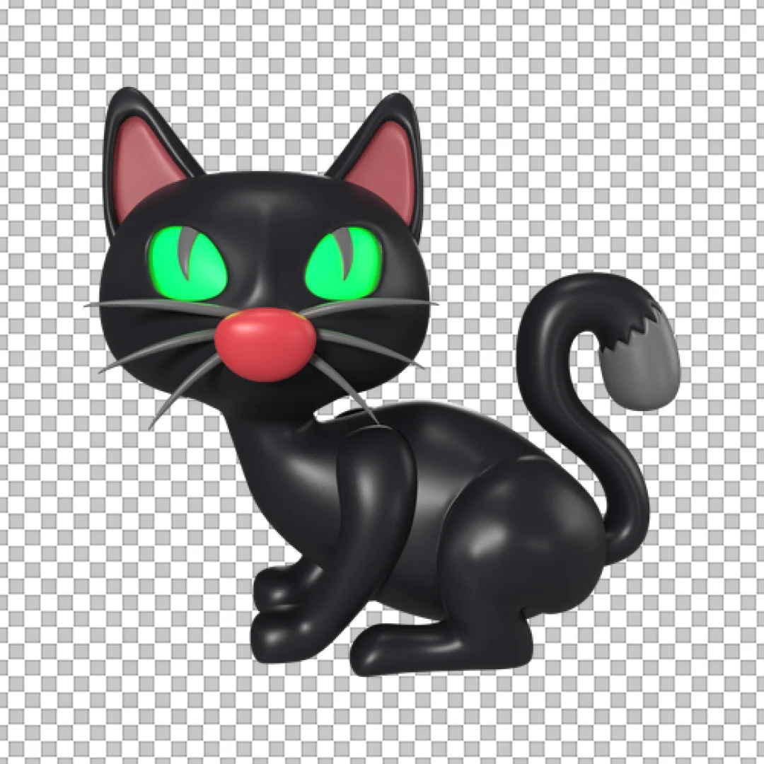 3D Black Cat With Green Eyes PNG
