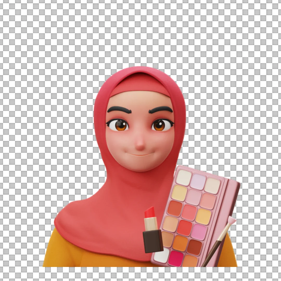 3D Muslim Woman Avatar in Hijab Holding Makeup Palette and Lipstick