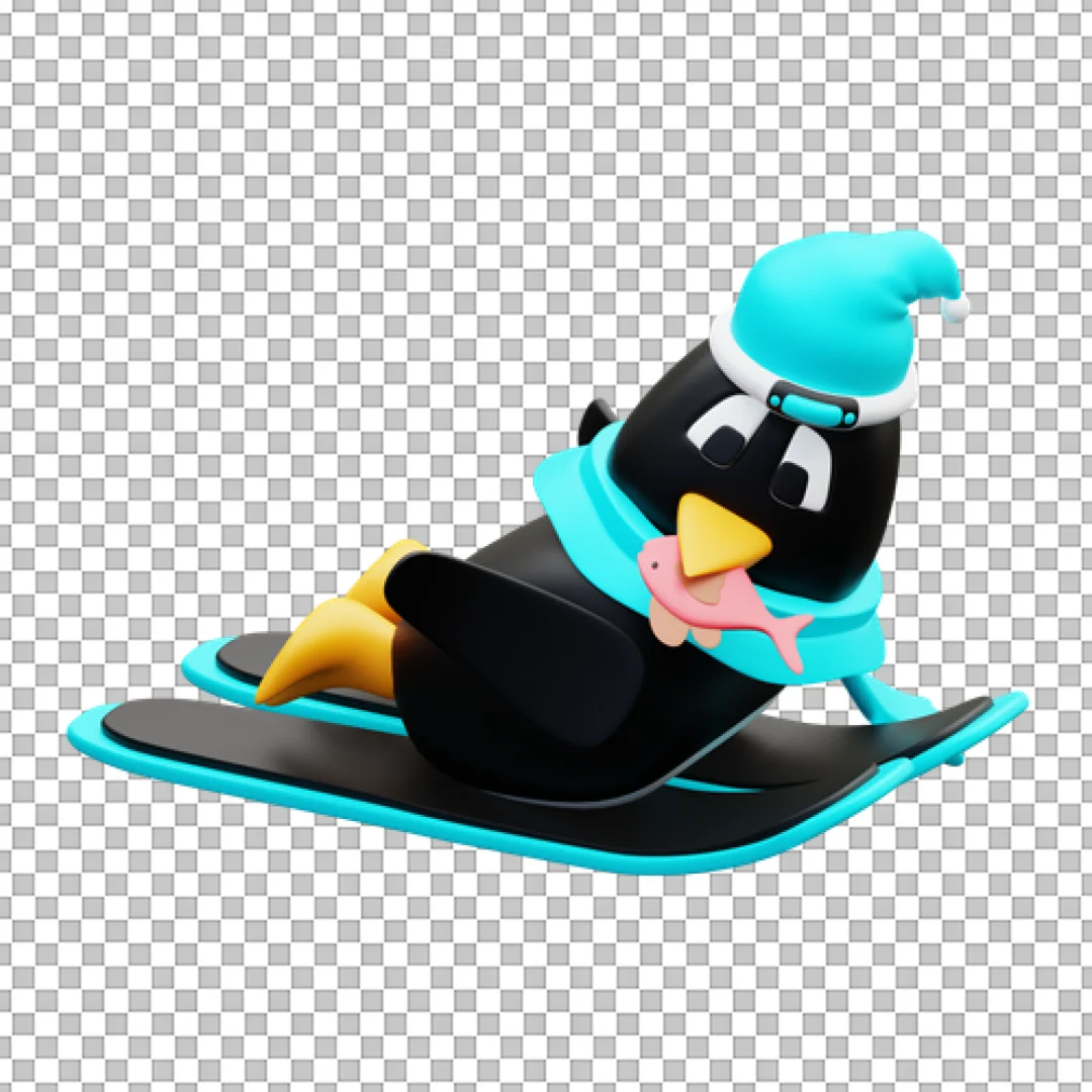 Penguin Sliding On Sled With Fish 3D PNG
