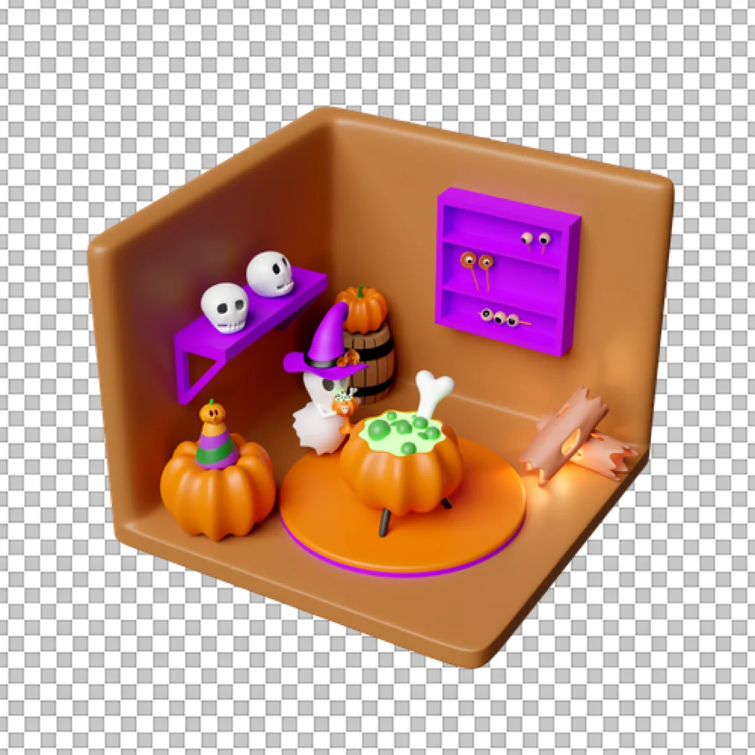 Isometric Halloween Room Cauldron 3D Scene PNG